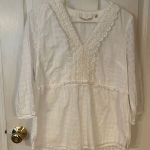 Soft Surroundings Woman’s feminine, romantic blouse, unique and stunning trim